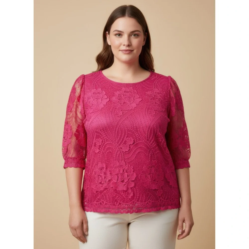 Floral‎ Lace Elbow Sleeve Blouse Fuchsia Pink Keyhole Back Top Size 2XL